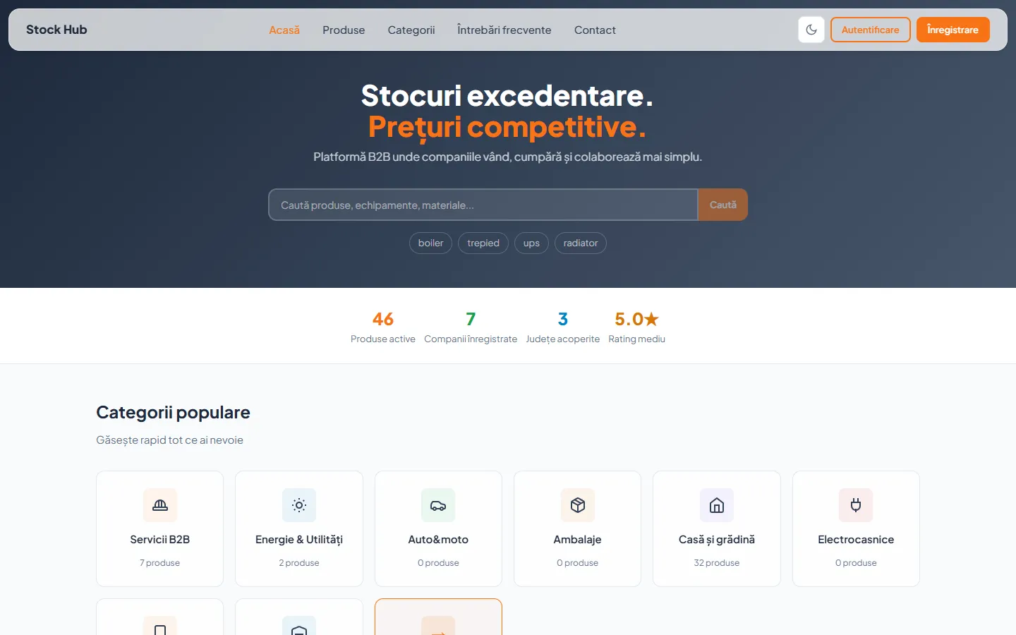Stock Hub platform, desktop homepage